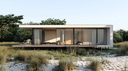 Obraz premium Modern beach house with large windows and a deck surrounded by sand and tall grass on a sunny day