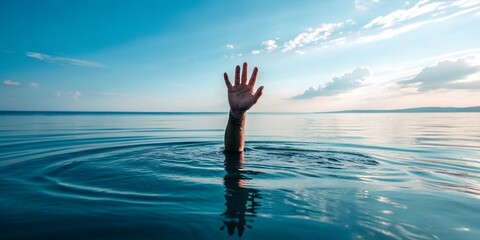 Ocean's Embrace: A solitary arm reaches upward from the depths of the ocean, a stark symbol of struggle against the serene expanse of water, conveying themes of vulnerability and isolation. 