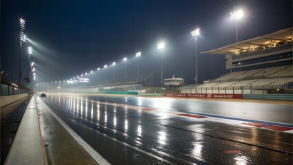 Fototapeta premium Wet Racetrack Illuminated by Night Lights 