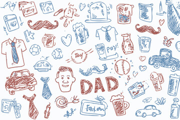 Father's Day Doodle Icons Cute Dad Vector Pattern Hand Drawn Crayon Elements Tie Mustache Beer Laptop Car Baseball Background