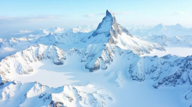Sweeping aerial view of snow covered peaks, ridges, and glacial terrain at Zermatt ski resort, with the Matterhorn mountain in the background.