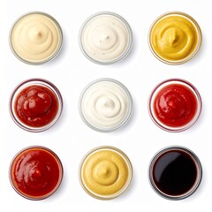 Assorted condiments and sauces isolated on white background with textured detail and directional lighting for food styling reference