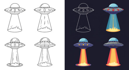 UFO Extraterrestrial Vehicle Spaceship Icons Black And White Colorized Art Designs Fantasy Sci fi