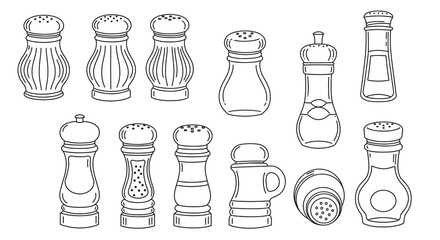 Variety of Shakers Salt Pepper and Spice Containers for Cooking Line Art Simple Vector Graphics