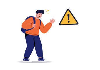 A young man reacts with alarm to a phishing alert.  Bold warning sign emphasizes the danger.  Illustrative style, vibrant colors, conveys urgency.