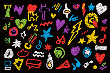 Hand Drawn Rock Punk Music Star and Heart Doodle Vector Set with Crayon Brush Stroke Style