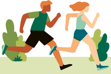 Flat Style Running Couple Illustration for Sport Poster and Healthy Lifestyle Banner