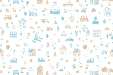 Kindergarten Doodle Vector Seamless Pattern with Toys, Cars, and Houses for Preschool Wallpaper