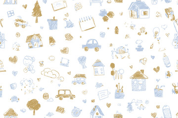 Kindergarten Doodle Vector Seamless Pattern with Toys, Cars, and Houses for Preschool Wallpaper
