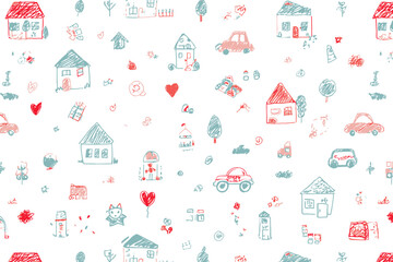 Kindergarten Doodle Vector Seamless Pattern with Toys, Cars, and Houses for Preschool Wallpaper