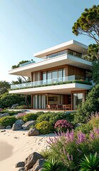 Fototapeta premium house, building, architecture, home, palm, tree, garden, hotel, sky, villa, luxury, travel, summer, california, residence, tropical, exterior, florida, vacation, trees, landscape, resort, flowers, est