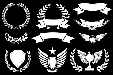 Laurel Wreath Shield Wing Ribbon Banner Vector Set Awards Heraldry Logos Badges Branding Design Elements