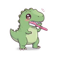 Obraz premium Adorable green dinosaur cartoon character diligently brushing its teeth with a pink toothbrush, showcasing excellent oral hygiene habits for children's dental care education and cute illustrations.
