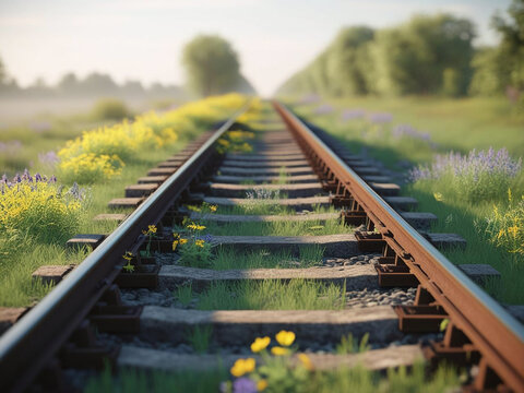 Peaceful railway tracks surrounded by wildflowers on a sunny morning in the countryside