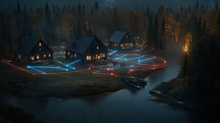 Nighttime rural landscape with illuminated utility lines.