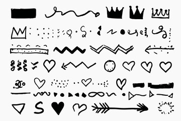 Hand Drawn Marker Brush Vector Set with Underline, Arrow, Heart, and Crown Scribble Elements