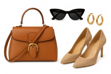 Elegant accessory collection: brown leather handbag, black sunglasses, gold hoop earrings, beige high heels against transparent backdrop