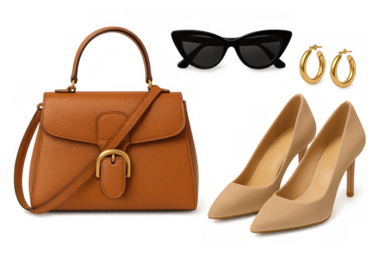 Elegant accessory collection: brown leather handbag, black sunglasses, gold hoop earrings, beige high heels against transparent backdrop