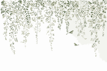 Watercolor Mural with Delicate Leaves, Flowers, Vines, and Birds Vector Illustration