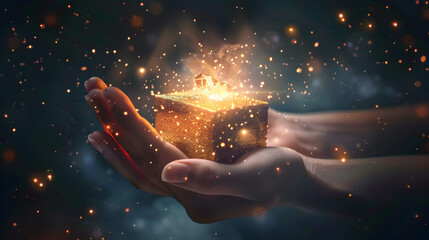 A pair of hands holding a glowing golden gift box with sparkles floating in the dark background