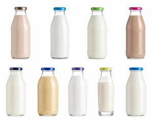 Assorted plant-based milk alternatives isolated on white background with condensation effect and soft daylight illumination