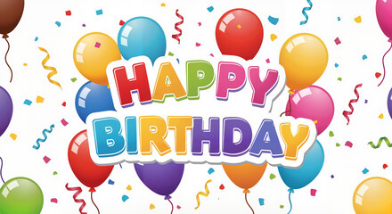Happy birthday card with colorful balloons and confetti background  