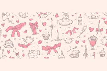 Seamless Vintage Bows Ribbons Candles Cake Teapot Vector Banner Romantic Wedding Valentine Pattern