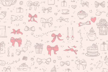 Seamless Vintage Bows Ribbons Candles Cake Teapot Vector Banner Romantic Wedding Valentine Pattern