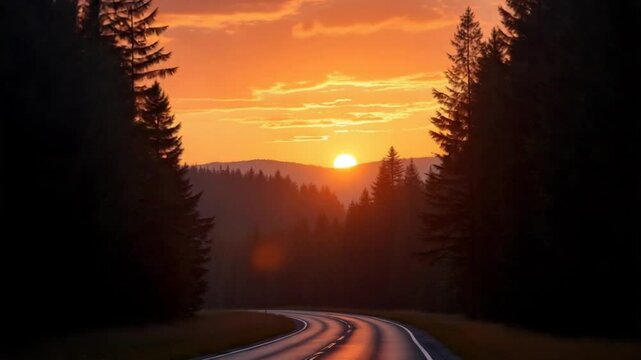 An empty road winding through a forest during a breathtaking sunset