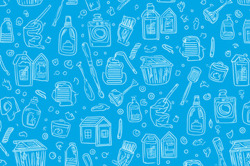 Seamless Cleaning Icons Vector Banner Hand Drawn Housework Laundry Sketch Pattern Home Routine Doodle Silhouettes