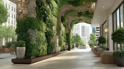 Naklejka premium Modern Urban Oasis Lush Greenery and Architectural Elegance in a Contemporary Setting
