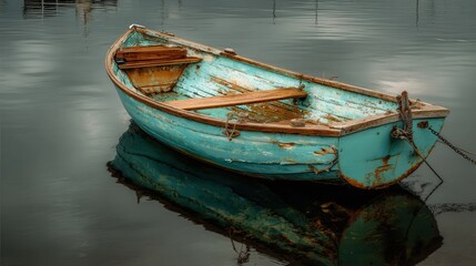 Obraz premium A stunning image of vintage Turquoise Wooden Rowboat on Calm Water - Timeless Beauty.