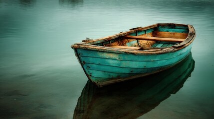 Obraz premium A stunning image of vintage Turquoise Wooden Rowboat on Calm Water - Timeless Beauty.