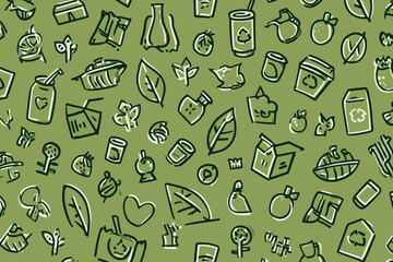 Seamless Eco Icons Vector Banner Zero Waste Recycle Hand Drawn Environmental Doodle Pattern