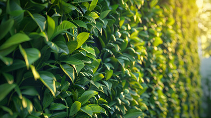 Close up of a dense green hedge illuminated by sunlight creating a vibrant and natural backdrop look