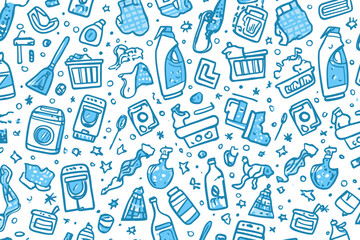 Seamless Cleaning Icons Vector Banner Hand Drawn Housework Laundry Sketch Pattern Home Routine Doodle Silhouettes