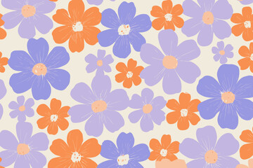 Retro 70s 80s Psychedelic Floral Seamless Pattern with Groovy Abstract Flowers