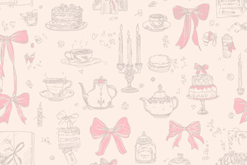 Seamless Coquette Vintage Pattern with Bows, Candles, Cake, Teapot, and Ribbons Line Art