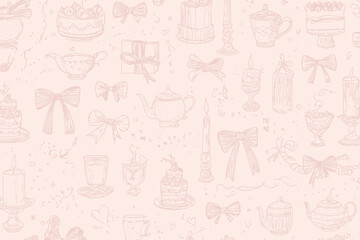 Seamless Coquette Vintage Pattern with Bows, Candles, Cake, Teapot, and Ribbons Line Art