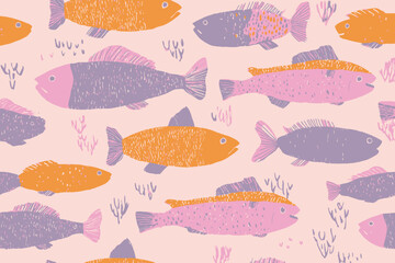 Seamless Colorful Fish School Vector Pattern Underwater Wildlife Background Textile Wrapping Paper Design