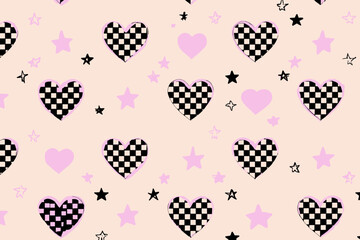 Seamless Y2K Checkered Hearts Stars Vector Pattern Pink Emo Goth Valentine Wrapping Paper Background