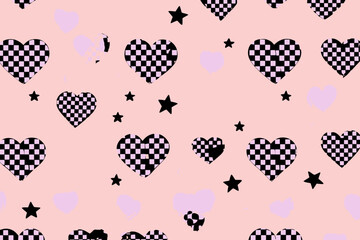 Seamless Y2K Checkered Hearts Stars Vector Pattern Pink Emo Goth Valentine Wrapping Paper Background