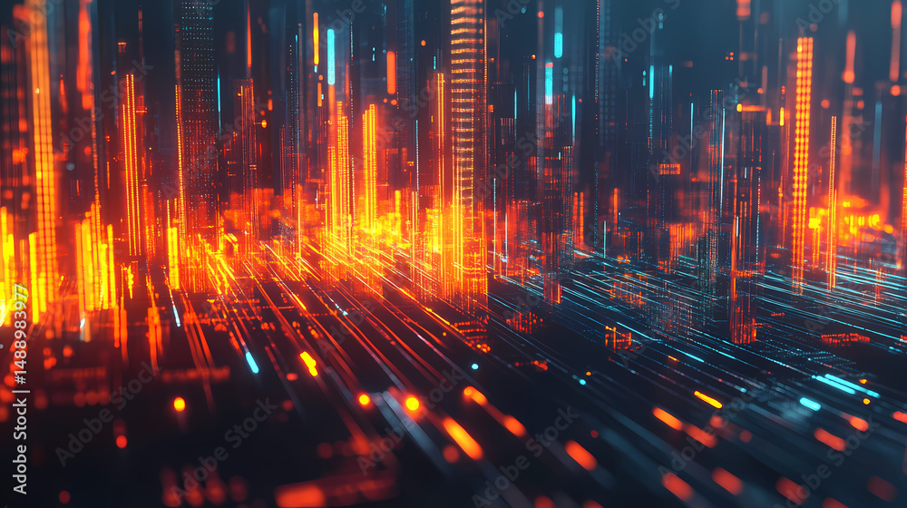 Wall mural a vibrant audio waveform visualizes sound data with glowing bars, creating a dynamic digital aesthet