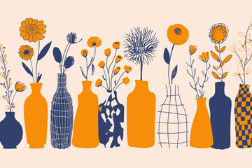 Contemporary Abstract Floral Bouquets in Colorful Geometric Vases Vector