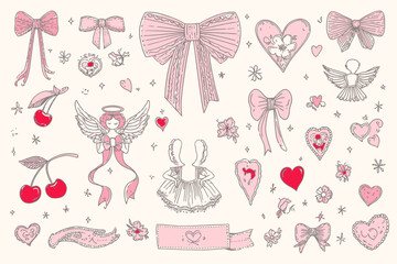 Set of Cute Coquette Bows, Ribbons, Flowers, Hearts, and Angels Vintage Line Art Cliparts in Pastel Pink