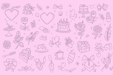 Valentine�s Day Line Art Whimsical Illustrations Hearts Cake Flowers Bows Ribbons Y2K Sketch Vector