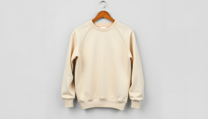 Sand sweatshirt blank mockup on a hanger on the grey background, simple style. White tone