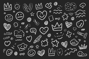 Hand Drawn Smile Brush Vector Set with Emoji Faces, Hearts, Crowns, and Crayon Texture Scribbles