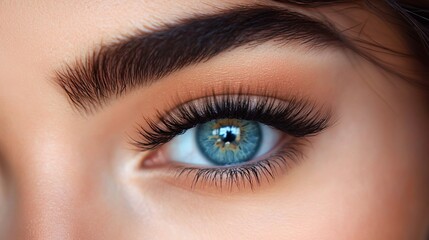 Fototapeta premium Stunning Blue Eye Closeup with Long Dark Lashes and Perfect Eyebrow Makeup Professional Beauty Shot High Resolution Image eyes 