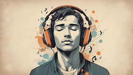 Obraz premium Vector art of a modern man lost in music with over-ear headphones, eyes closed in a peaceful expression, vintage textured background.